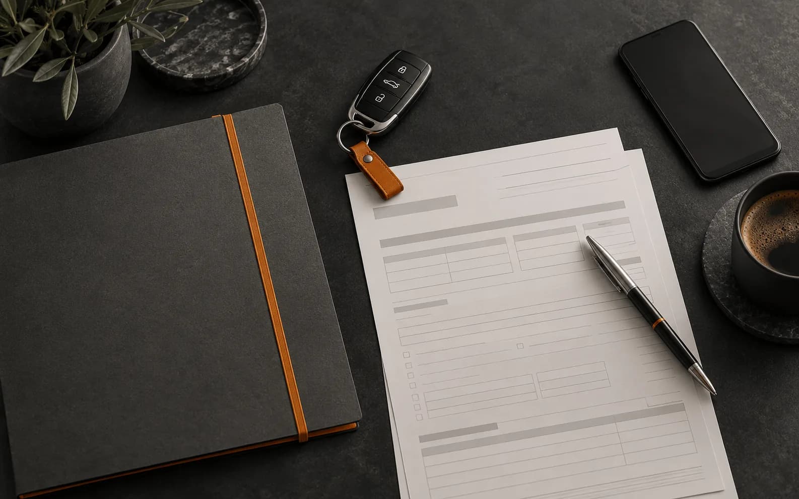 Car key and insurance documents arranged on a dark desk