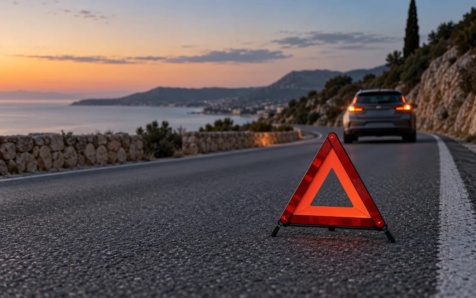 Warning triangle on a Cyprus coastal road at dusk