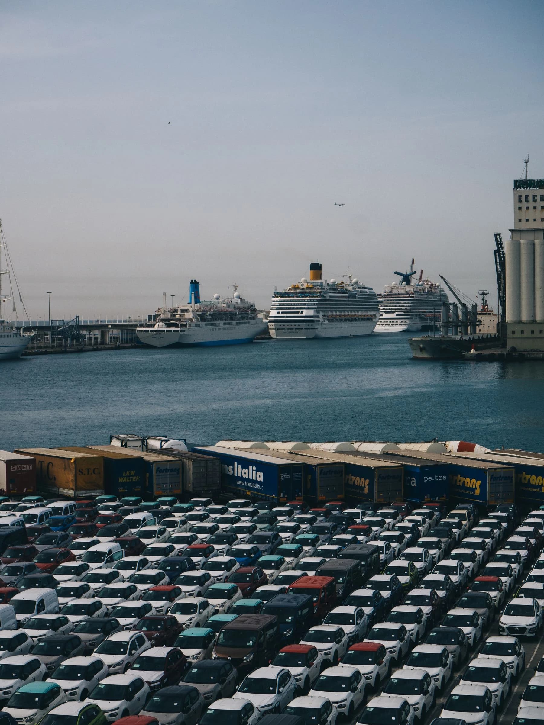Imported vehicles waiting at a Mediterranean cargo terminal